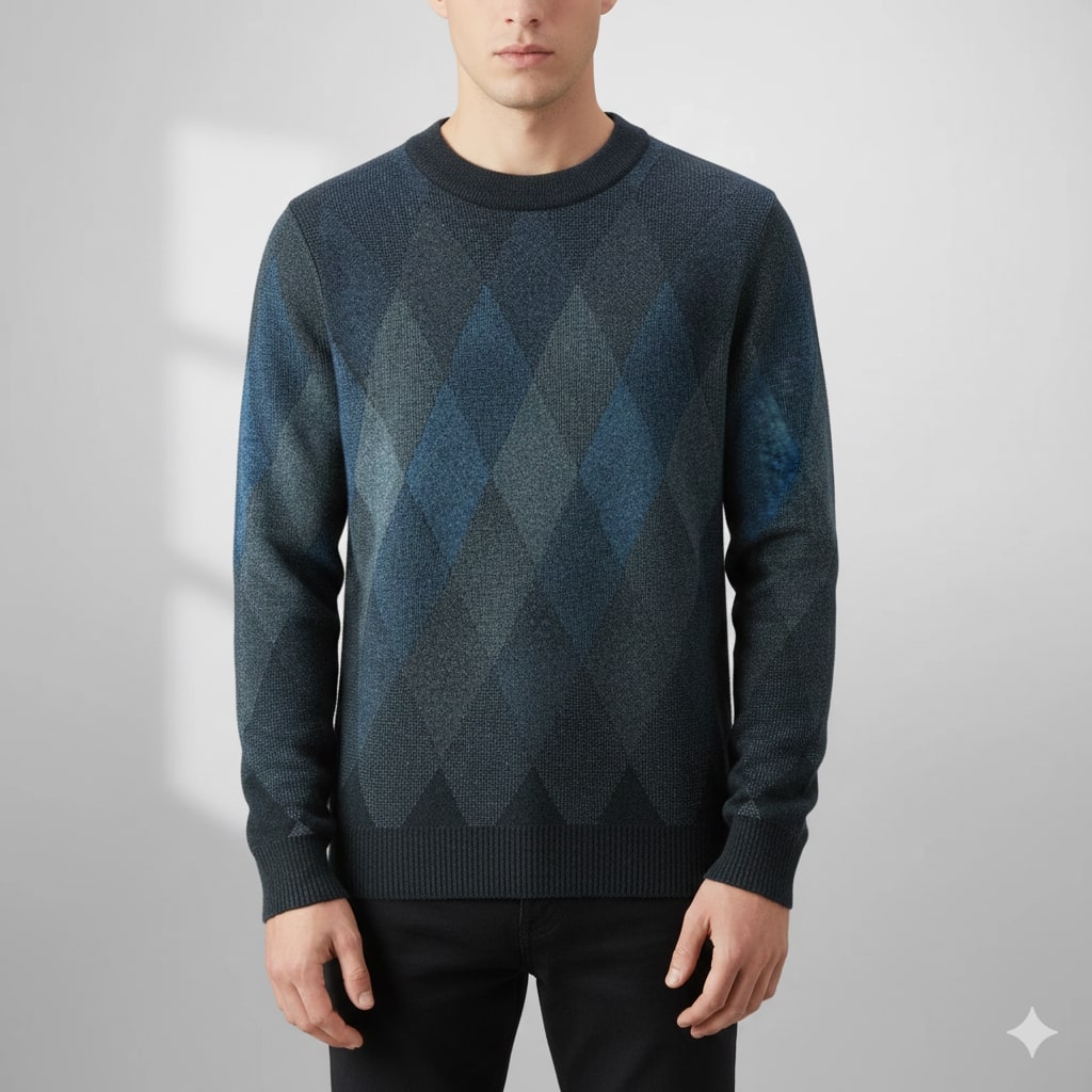 Esteban Men’s Knit Sweater – Wool-Blend Argyle Crewneck Jumper