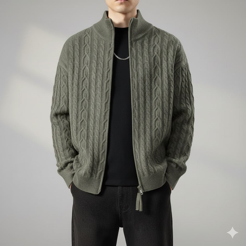 Domingo Men’s Zip-Up Cardigan – Cable Knit Mid-Weight Sweater