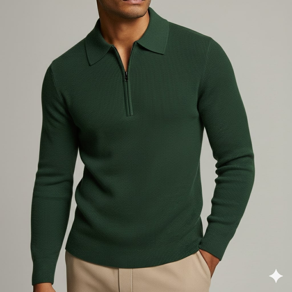 Roderick Men’s Knit Sweater – Waffle Texture Quarter-Zip Polo Shirt