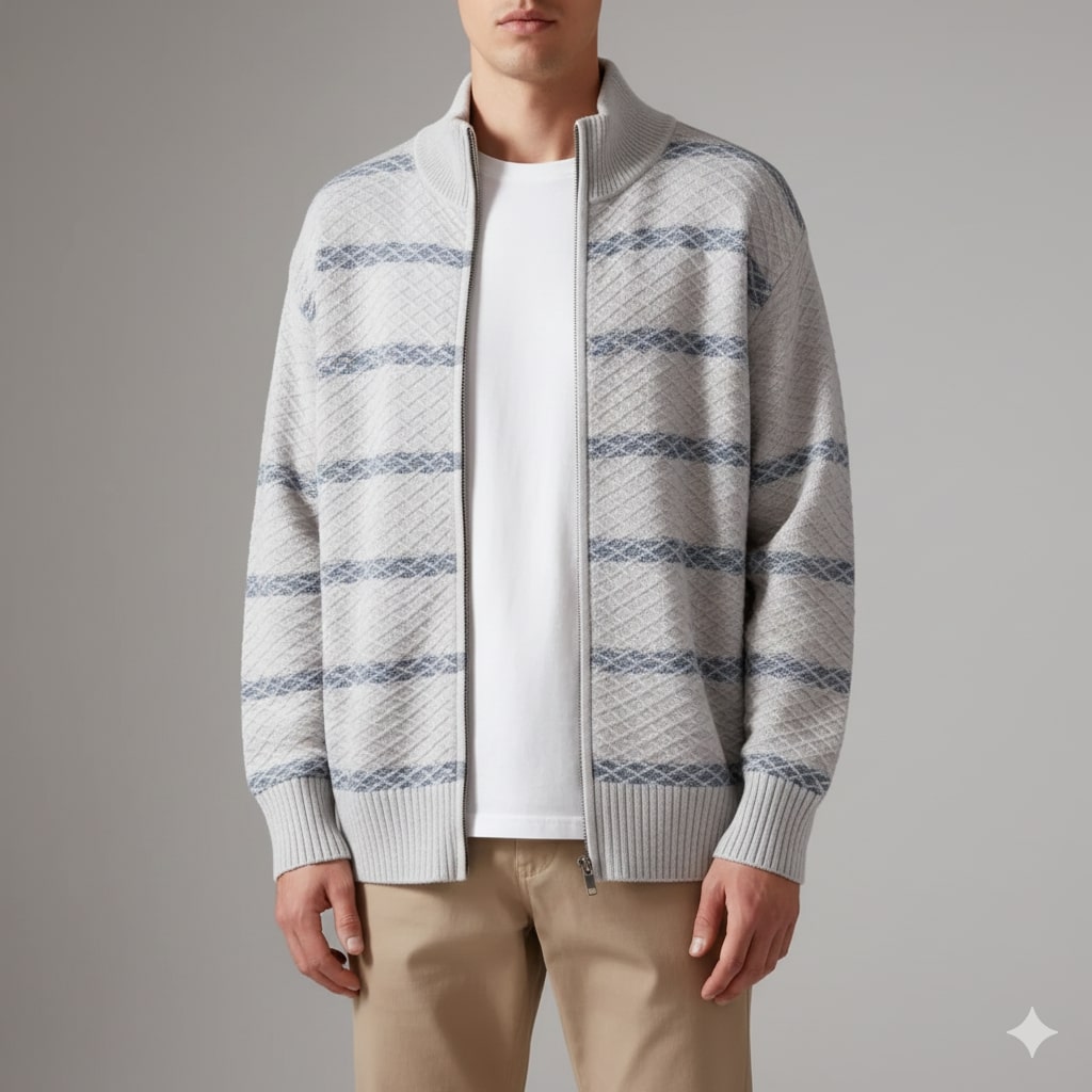 Craig Men’s Zip-Up Cardigan – Textured Knit Sweater with Stand Collar