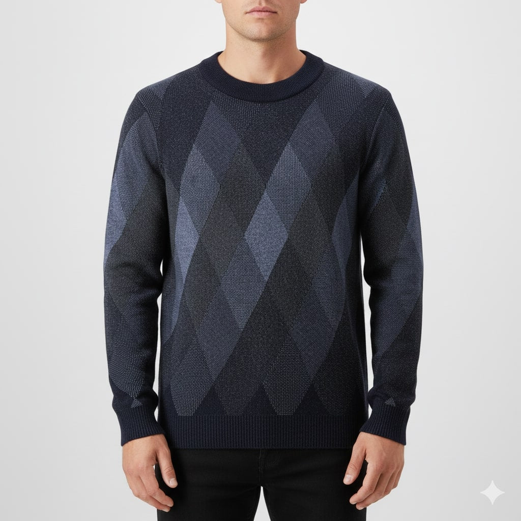 Esteban Men’s Knit Sweater – Wool-Blend Argyle Crewneck Jumper