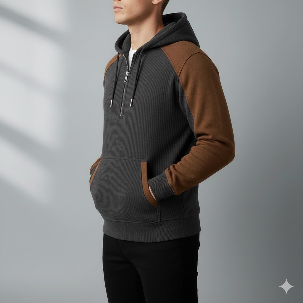 Colton Men’s Quarter-Zip Hoodie – Corduroy Cotton Blend Sweatshirt with Contrast Panels