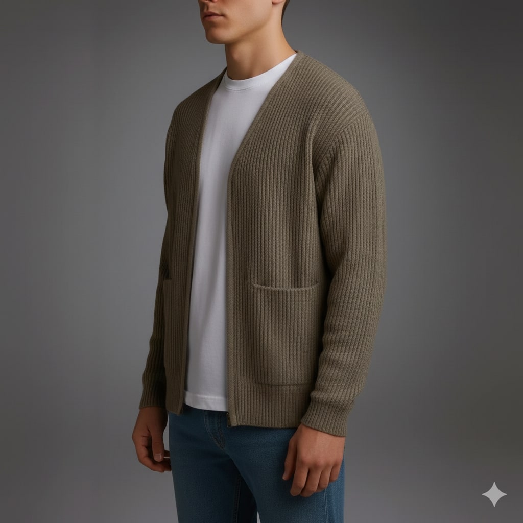 Zoren Men’s Knit Cardigan – Zip Up Sweater with Front Patch Pockets