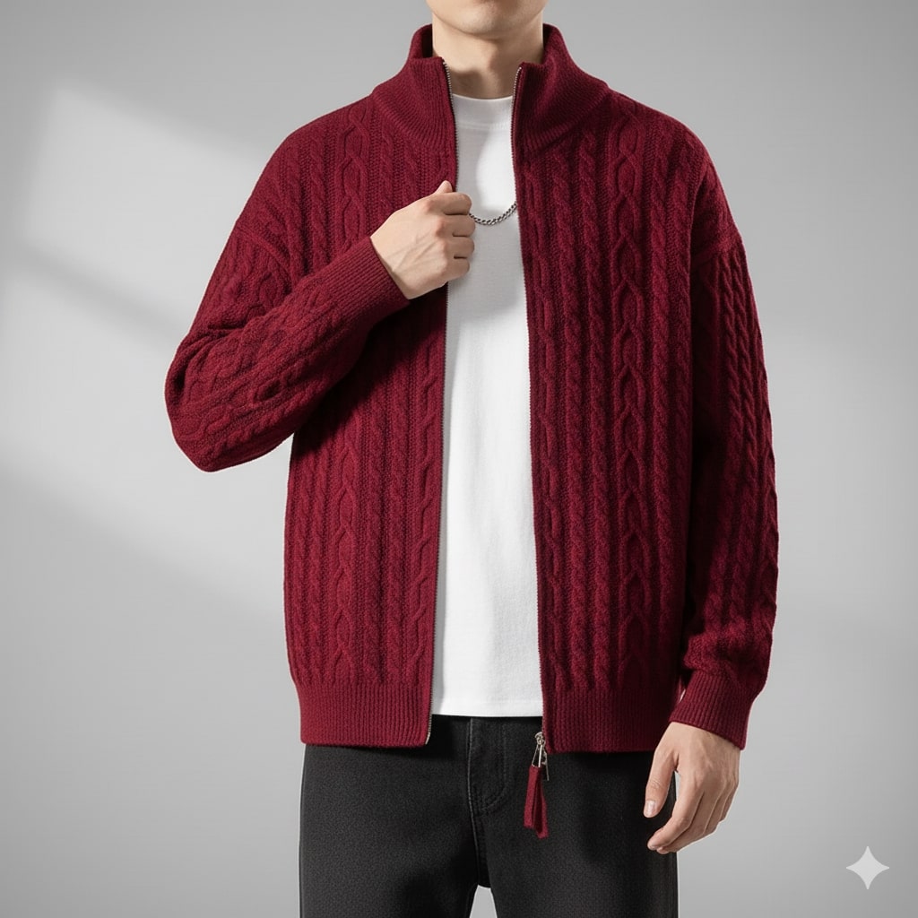 Domingo Men’s Zip-Up Cardigan – Cable Knit Mid-Weight Sweater