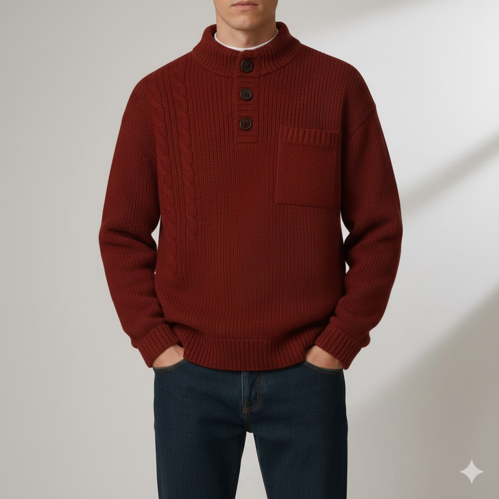 Julian Men’s Cable Knit Pullover – Soft O-Neck Sweater with Button Detail