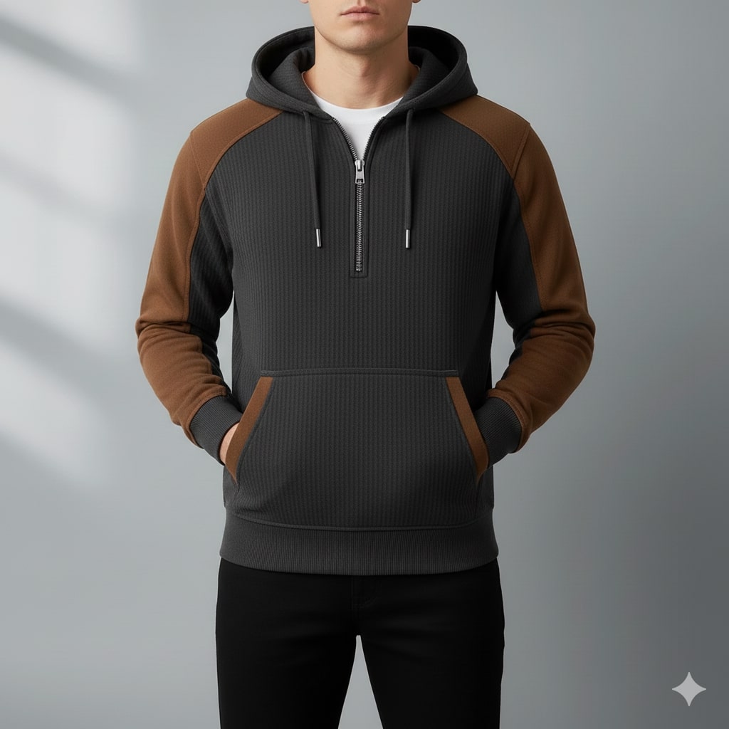 Colton Men’s Quarter-Zip Hoodie – Corduroy Cotton Blend Sweatshirt with Contrast Panels