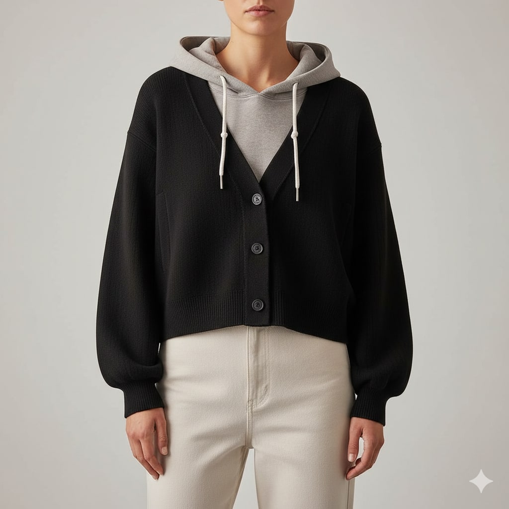 Marissa Women’s Cropped Cardigan – Puff Sleeve Zip-Up Knitted Hooded Cardigan