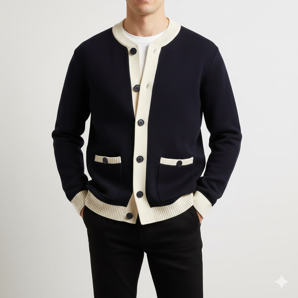 Holand Men’s Cardigan – Two-Tone Button Placket Knitted Cardigan