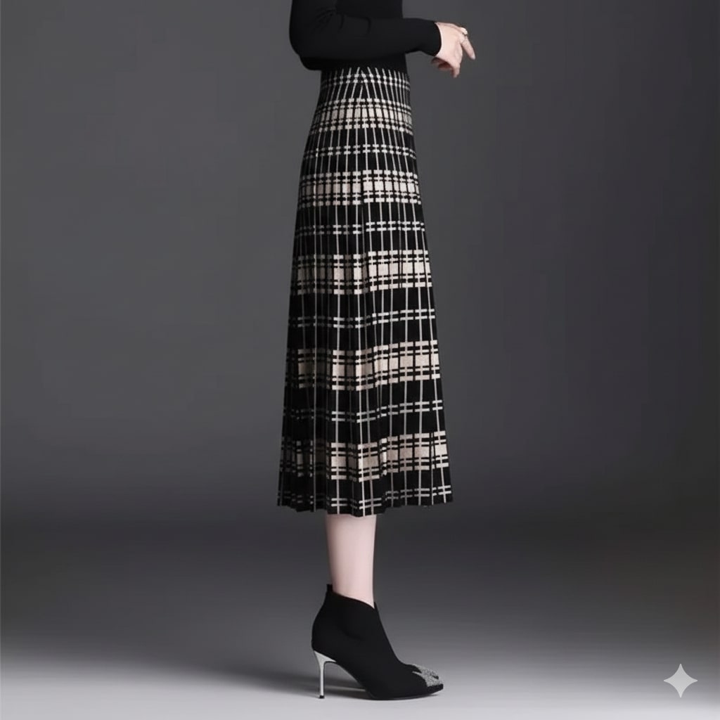 Marina Women's Pleated Midi Skirt – Stretch Cotton-Blend with Sculpted Waist