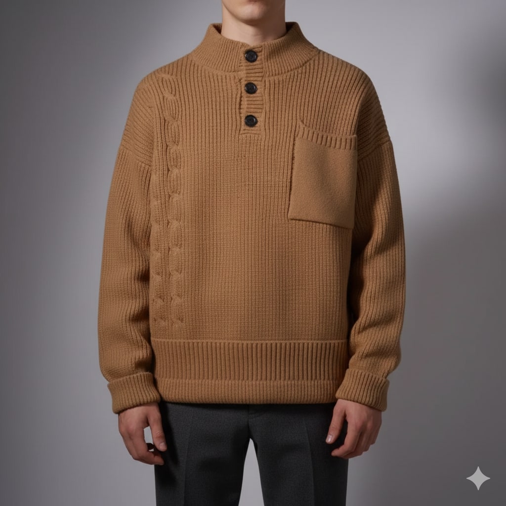 Julian Men’s Cable Knit Pullover – Soft O-Neck Sweater with Button Detail