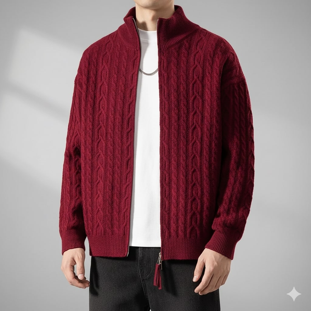 Domingo Men’s Zip-Up Cardigan – Cable Knit Mid-Weight Sweater