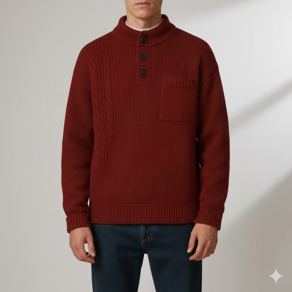 Julian Men’s Cable Knit Pullover – Soft O-Neck Sweater with Button Detail