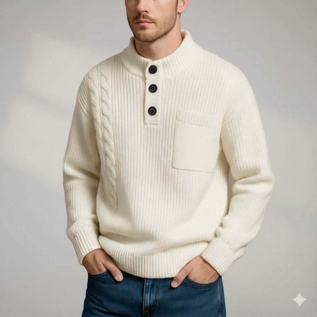 Julian Men’s Cable Knit Pullover – Soft O-Neck Sweater with Button Detail