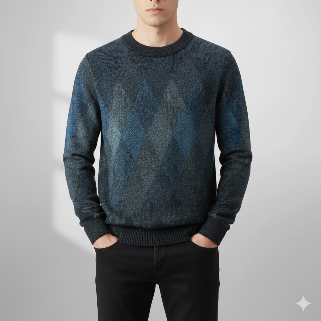 Esteban Men’s Knit Sweater – Wool-Blend Argyle Crewneck Jumper