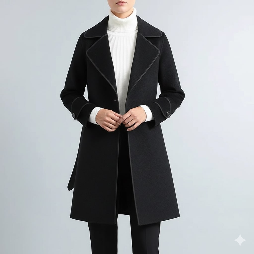 Sabrina Women’s Wool Coat – Belted Coat with Contrast Trim & Warm Interior