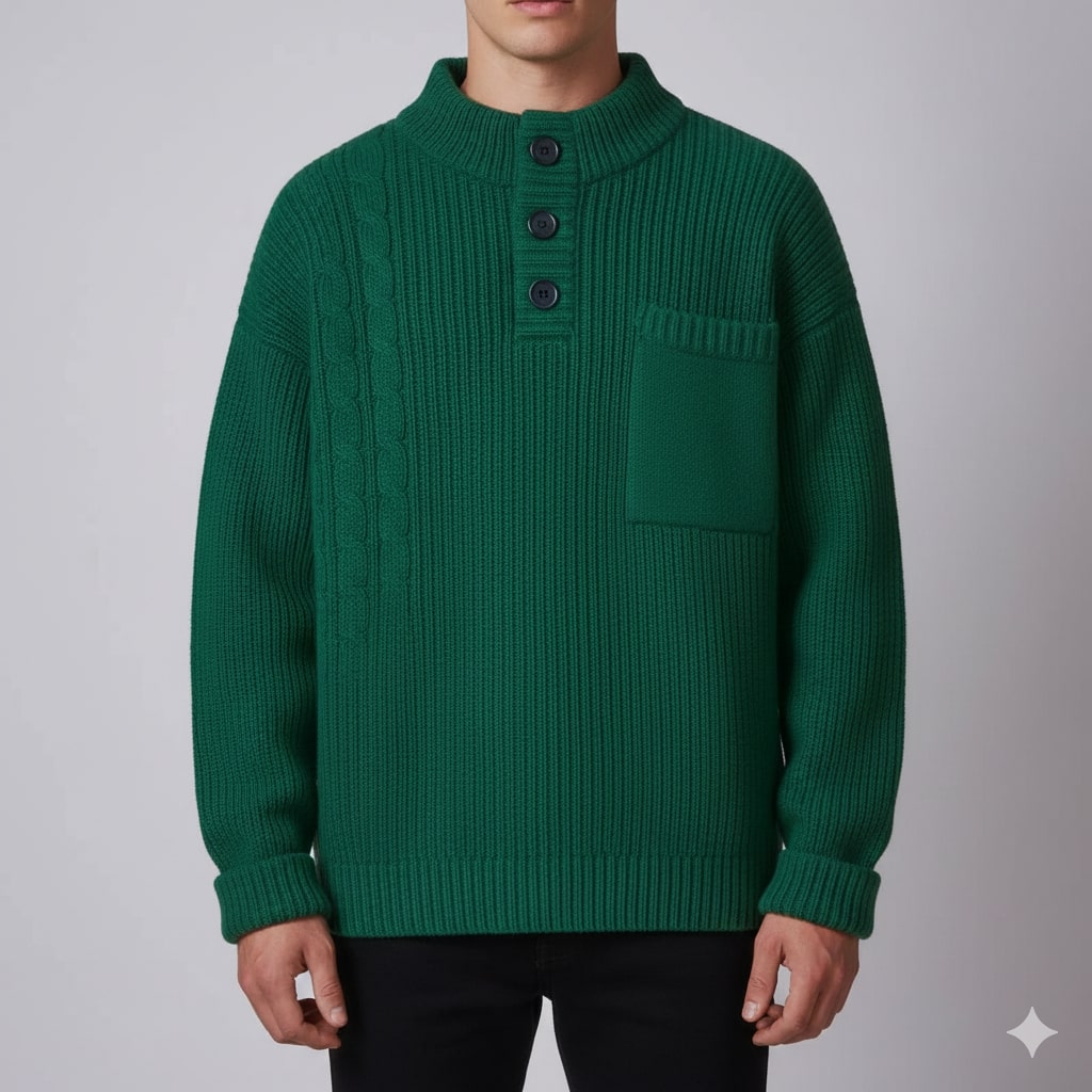 Julian Men’s Cable Knit Pullover – Soft O-Neck Sweater with Button Detail