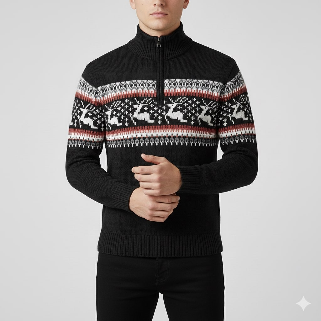 Aldrey Men's Christmas Sweater – Wool Knit Quarter-Zip Pullover