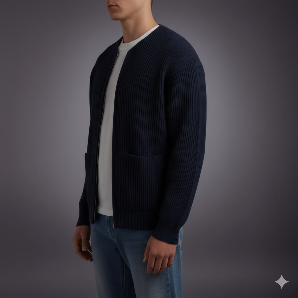 Zoren Men’s Knit Cardigan – Zip Up Sweater with Front Patch Pockets