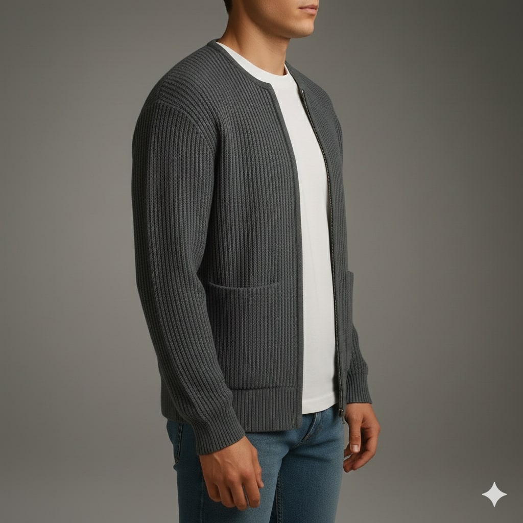 Zoren Men’s Knit Cardigan – Zip Up Sweater with Front Patch Pockets