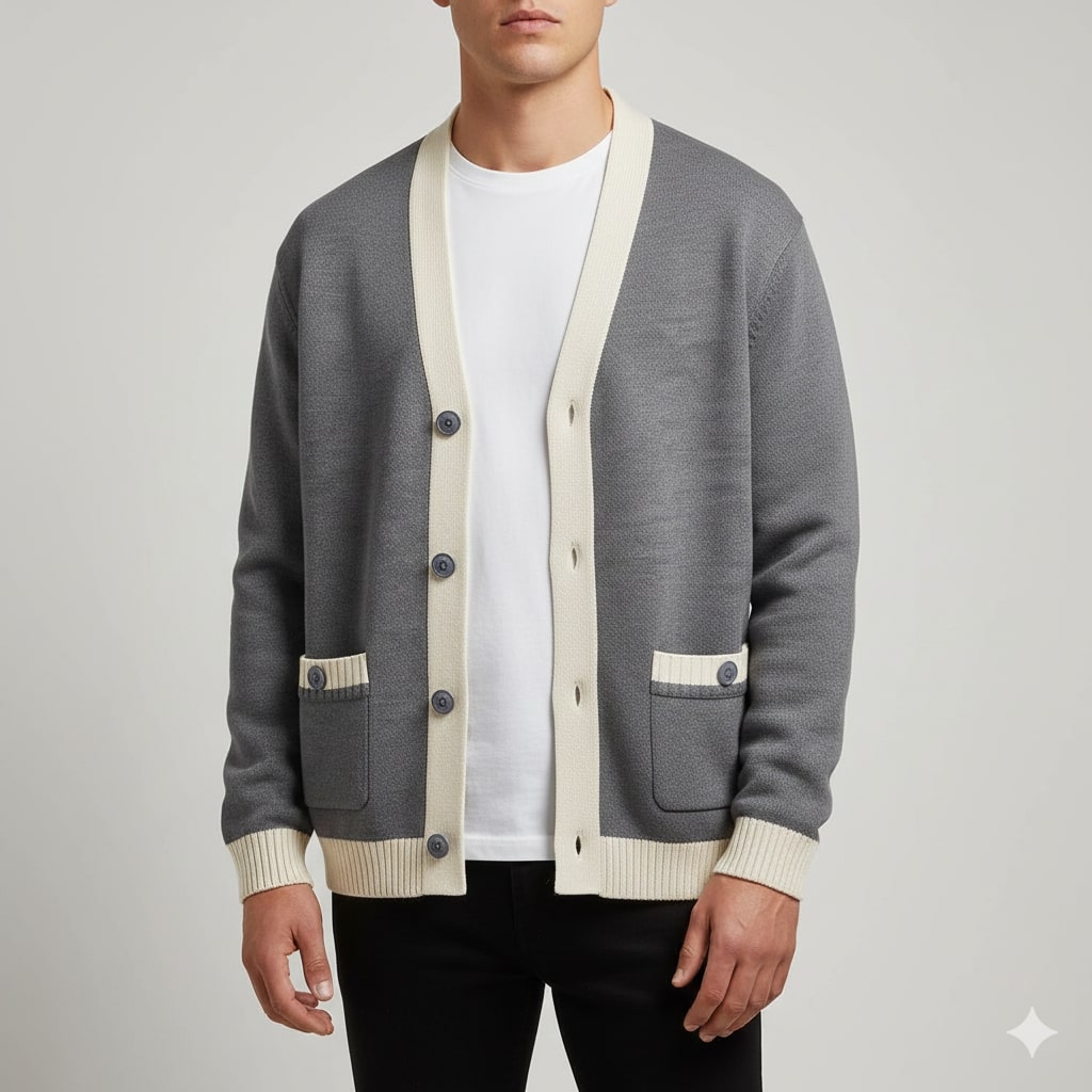 Holand Men’s Cardigan – Two-Tone Button Placket Knitted Cardigan