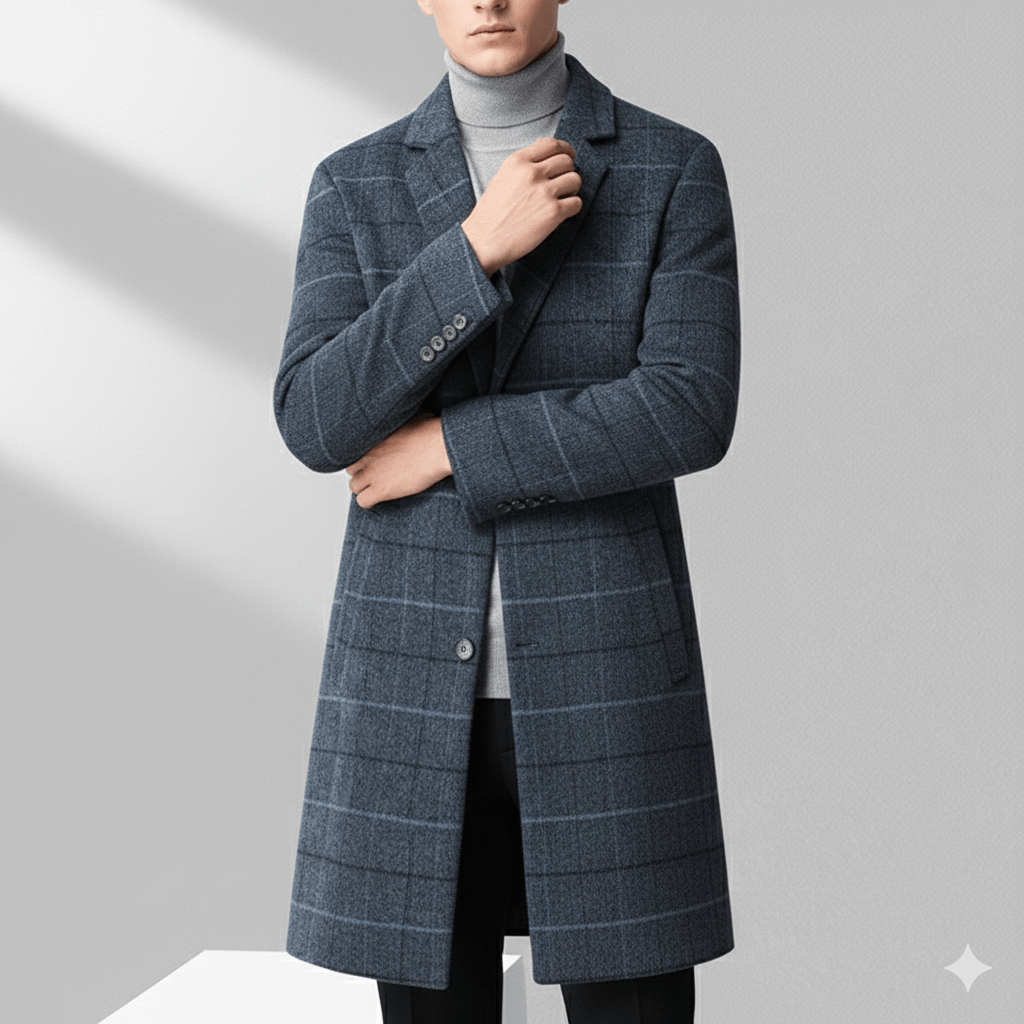 Aldric Men’s Wool Coat – Windowpane Overcoat with Structured Mid-Length Design