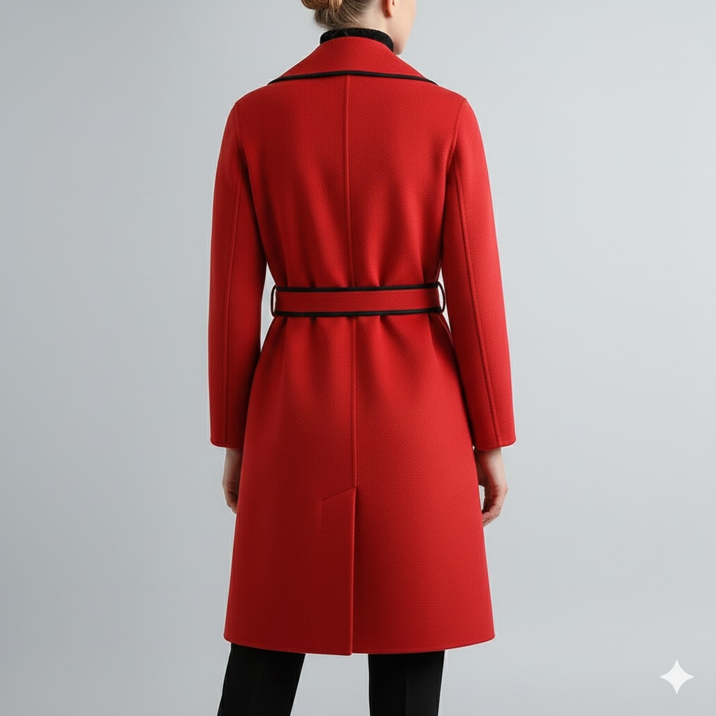 Sabrina Women’s Wool Coat – Belted Coat with Contrast Trim & Warm Interior