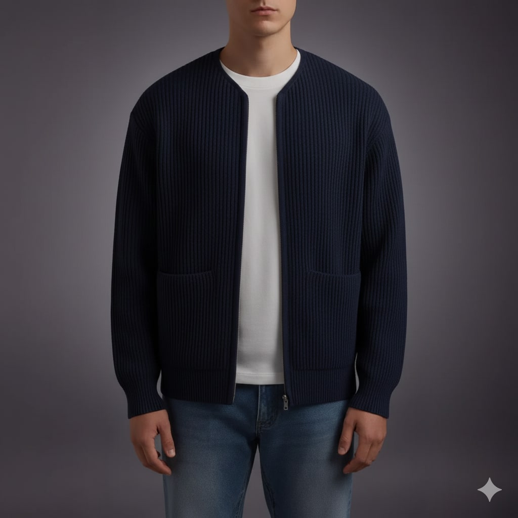 Zoren Men’s Knit Cardigan – Zip Up Sweater with Front Patch Pockets