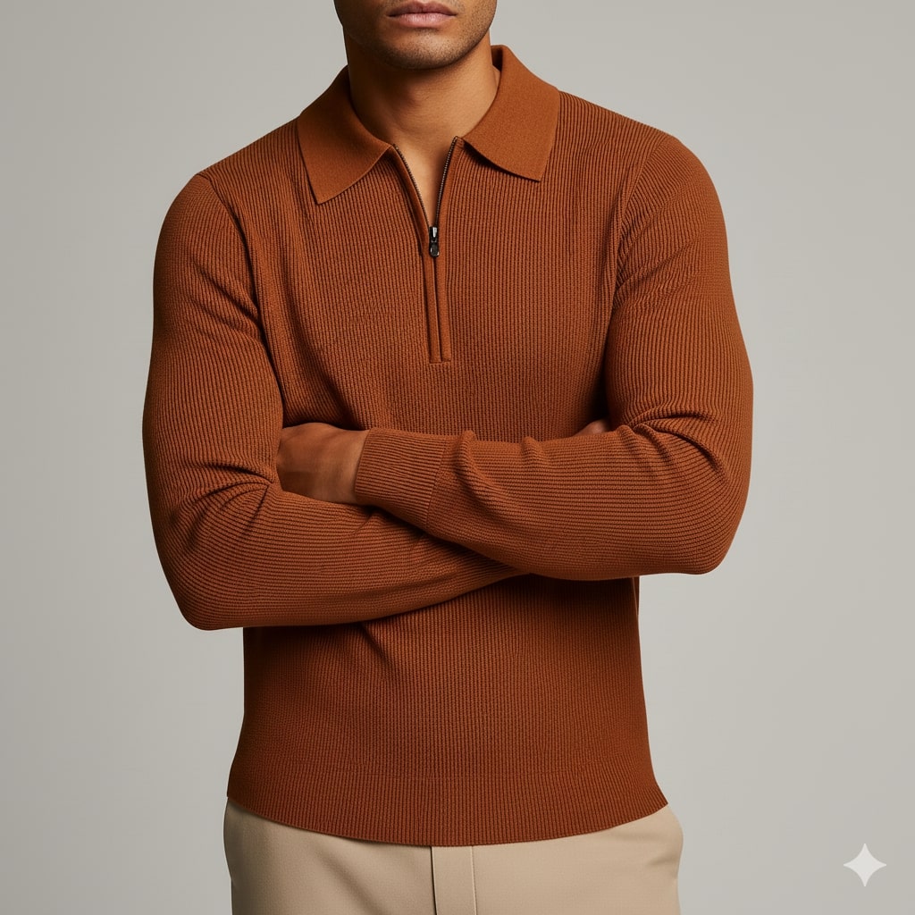 Roderick Men’s Knit Sweater – Waffle Texture Quarter-Zip Polo Shirt