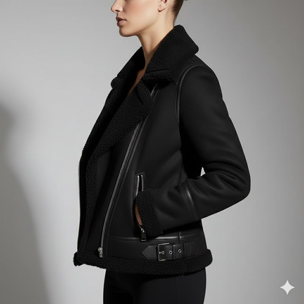 Aubrey Women’s Shearling Jacket – Aviator Suede Jacket with Plush Lining