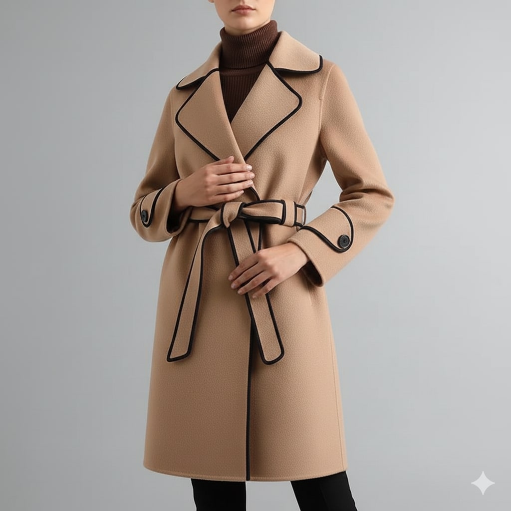 Sabrina Women’s Wool Coat – Belted Coat with Contrast Trim & Warm Interior