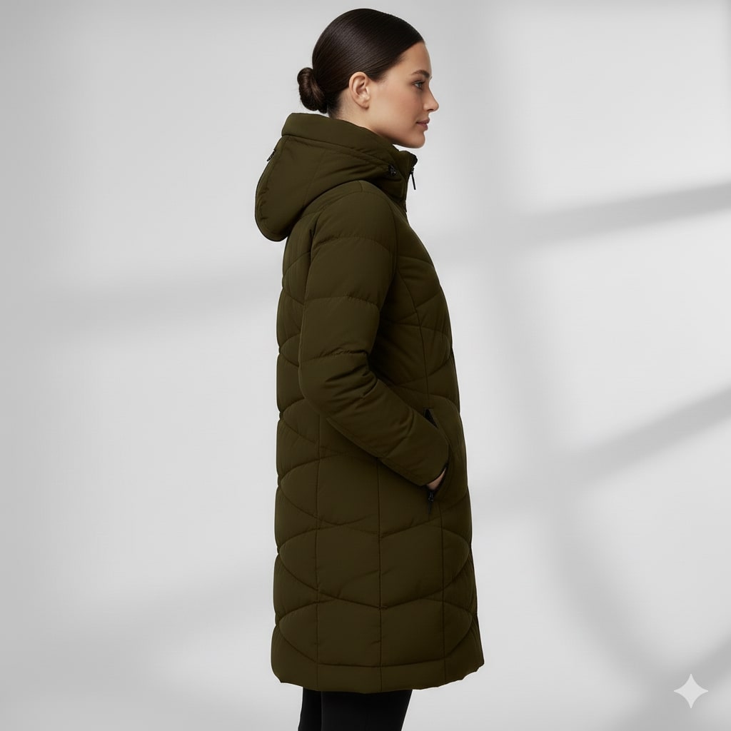 Elana Women’s Long Quilted Coat – Full-Length Warm Winter Jacket with Hood & Plush Lining