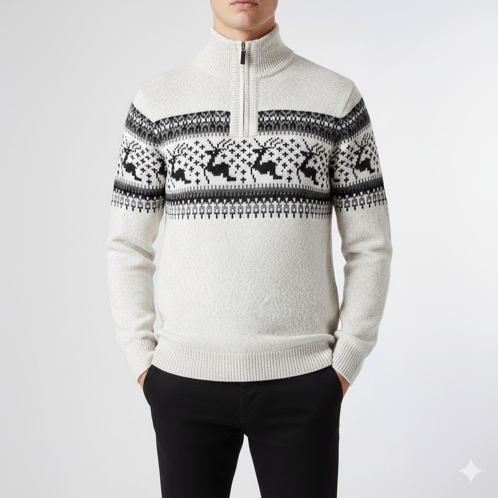 Aldrey Men's Christmas Sweater – Wool Knit Quarter-Zip Pullover
