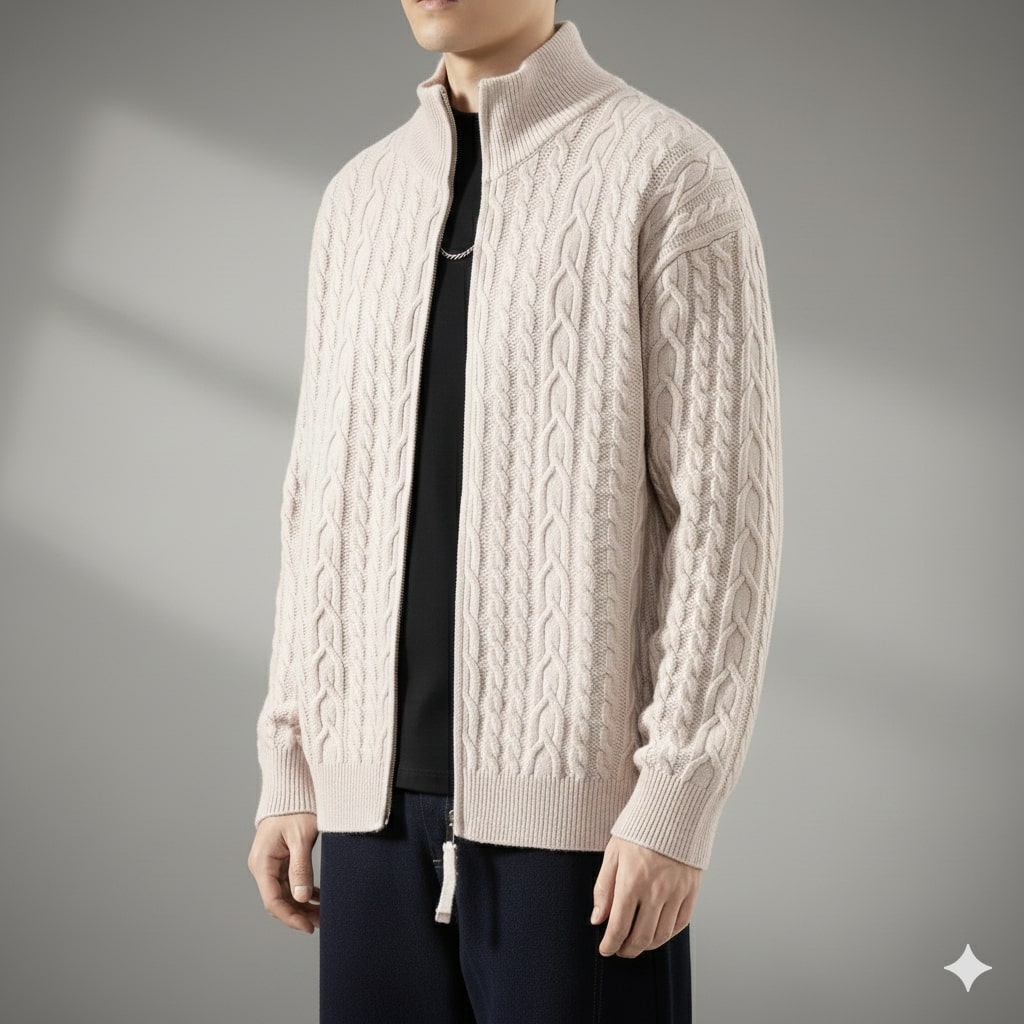 Domingo Men’s Zip-Up Cardigan – Cable Knit Mid-Weight Sweater