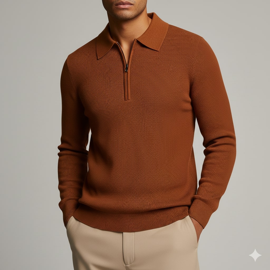 Roderick Men’s Knit Sweater – Waffle Texture Quarter-Zip Polo Shirt