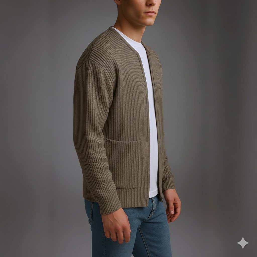 Zoren Men’s Knit Cardigan – Zip Up Sweater with Front Patch Pockets
