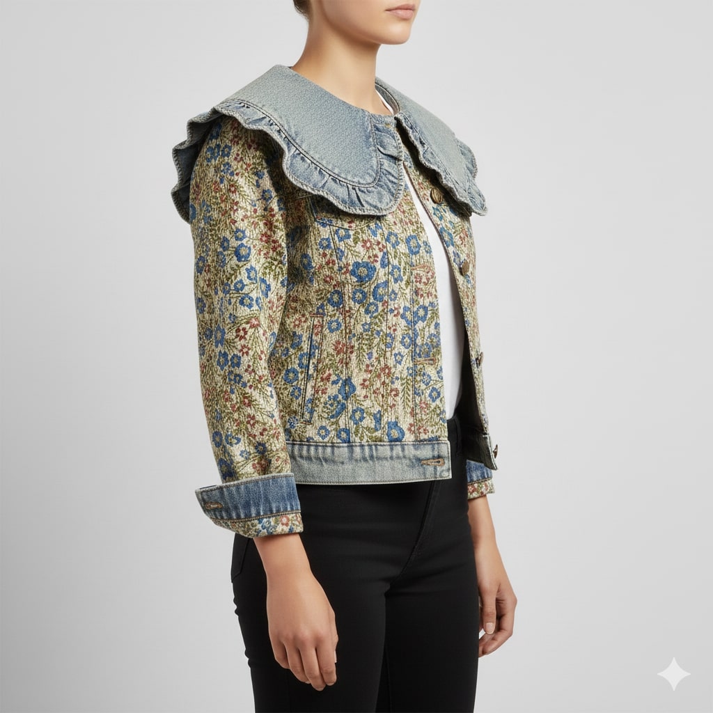 Maribel Women’s Jacquard Denim Jacket – Floral Textured Lightweight Cropped Jacket