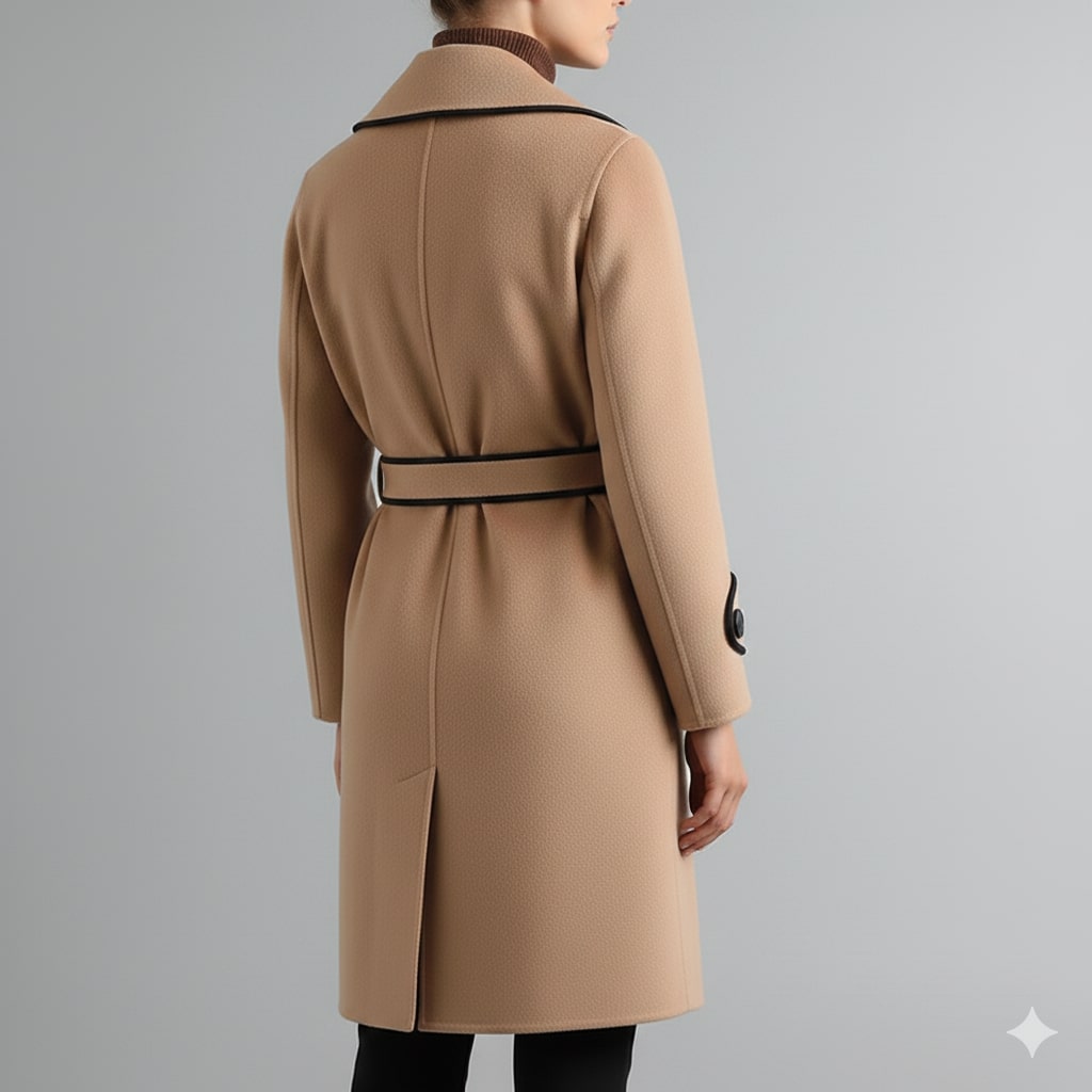 Sabrina Women’s Wool Coat – Belted Coat with Contrast Trim & Warm Interior