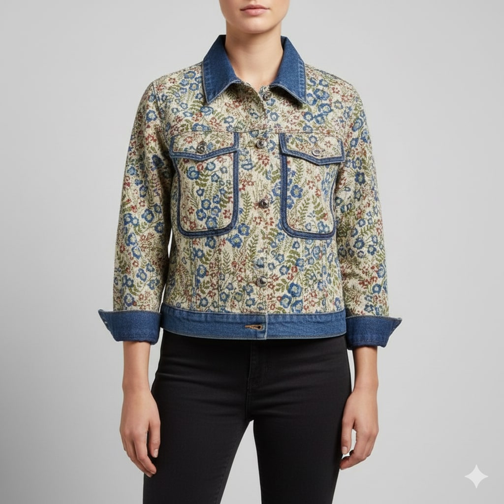 Maribel Women’s Jacquard Denim Jacket – Floral Textured Lightweight Cropped Jacket