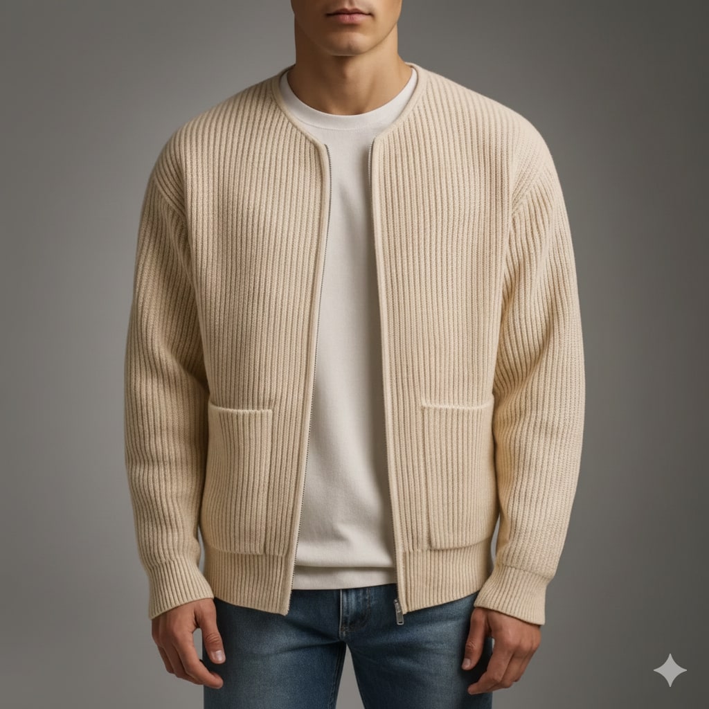 Zoren Men’s Knit Cardigan – Zip Up Sweater with Front Patch Pockets