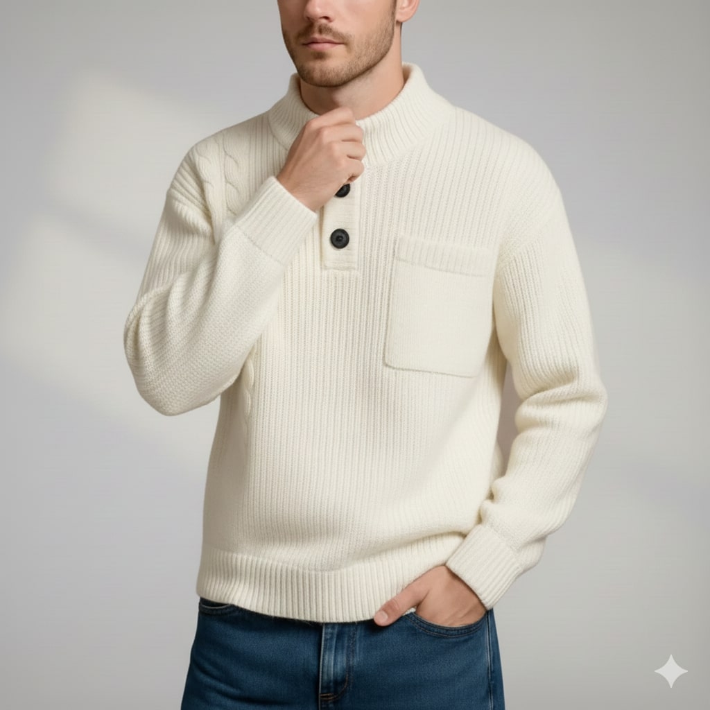 Julian Men’s Cable Knit Pullover – Soft O-Neck Sweater with Button Detail
