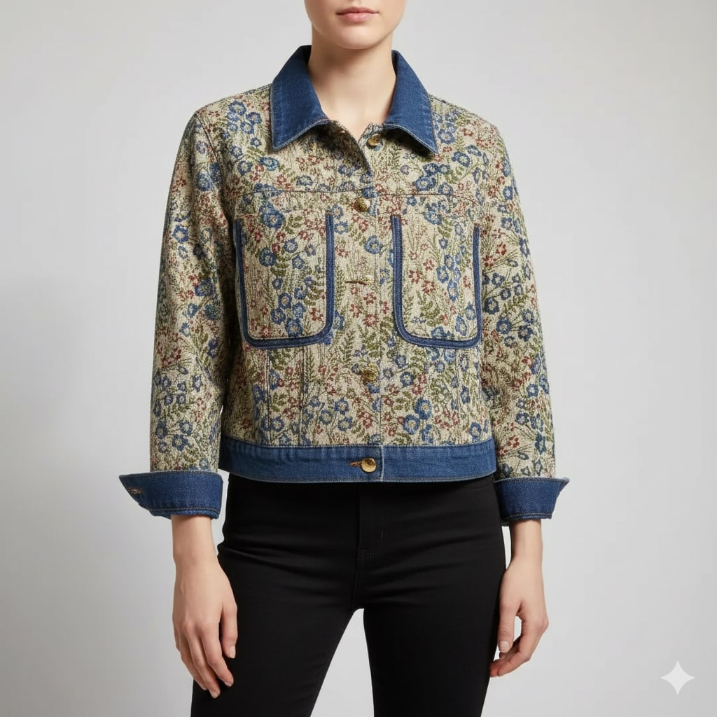 Maribel Women’s Jacquard Denim Jacket – Floral Textured Lightweight Cropped Jacket