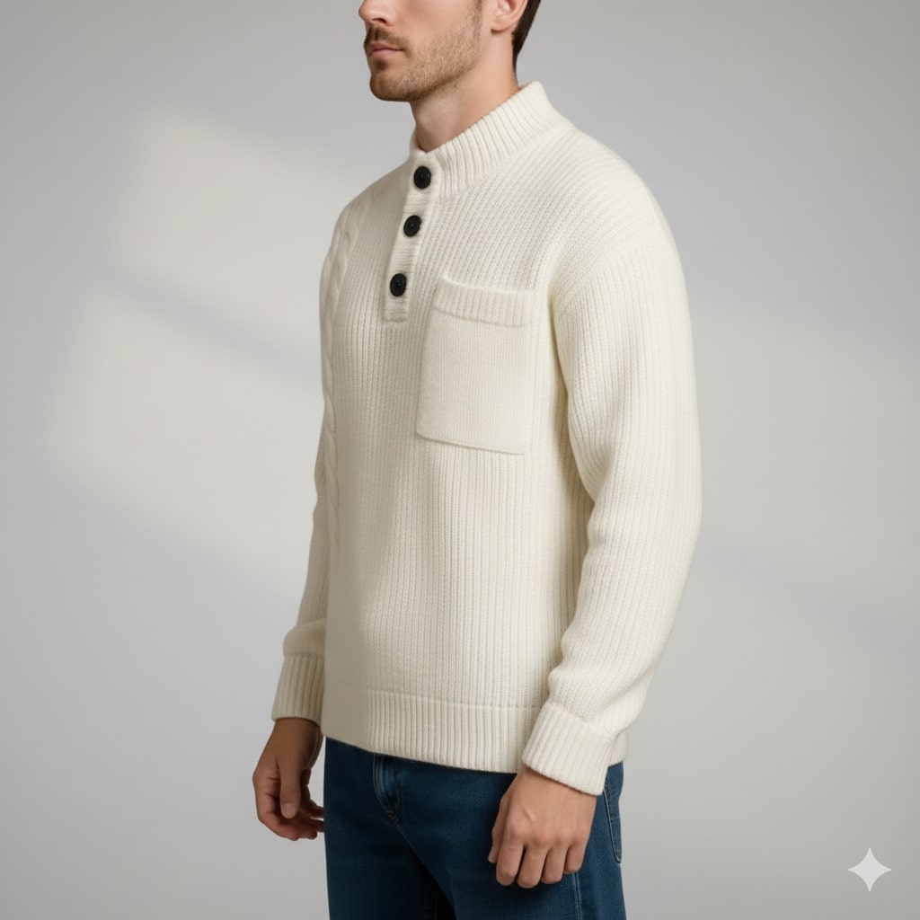 Julian Men’s Cable Knit Pullover – Soft O-Neck Sweater with Button Detail