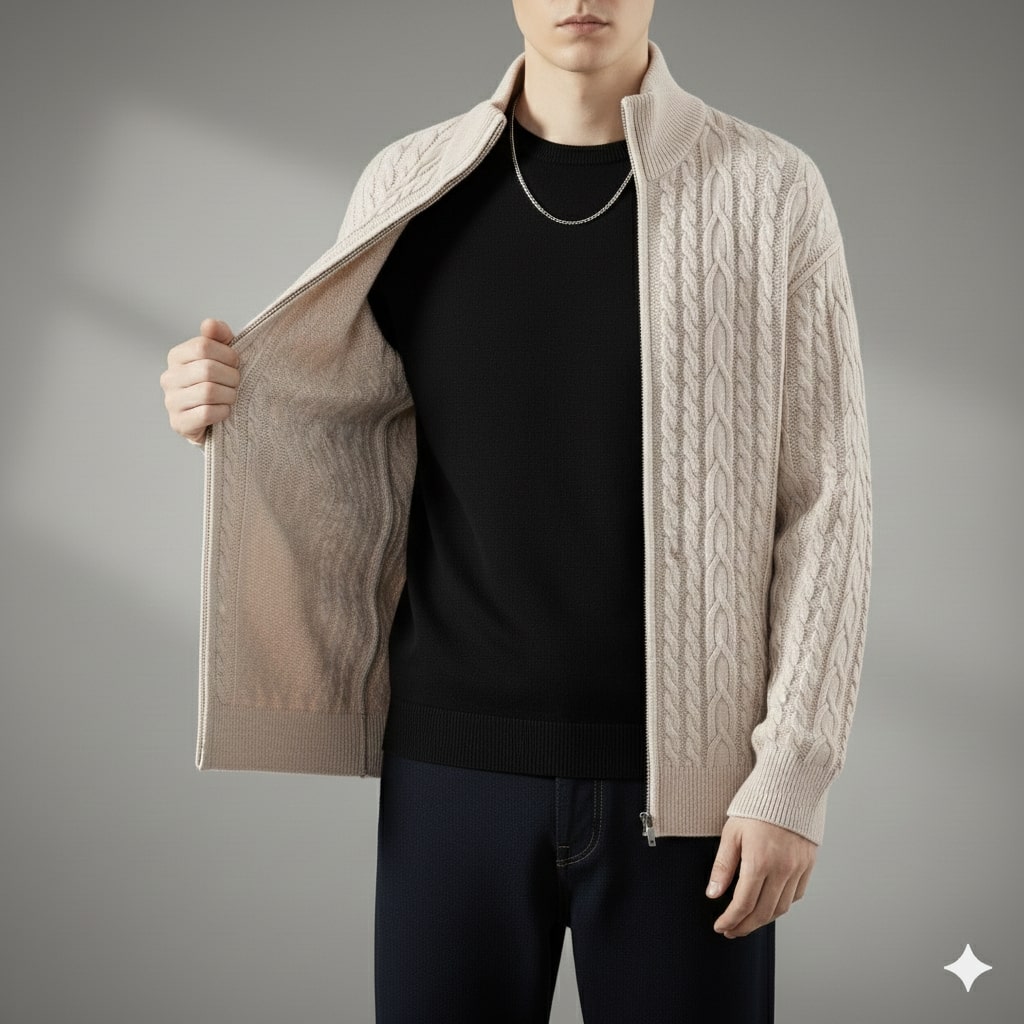 Domingo Men’s Zip-Up Cardigan – Cable Knit Mid-Weight Sweater