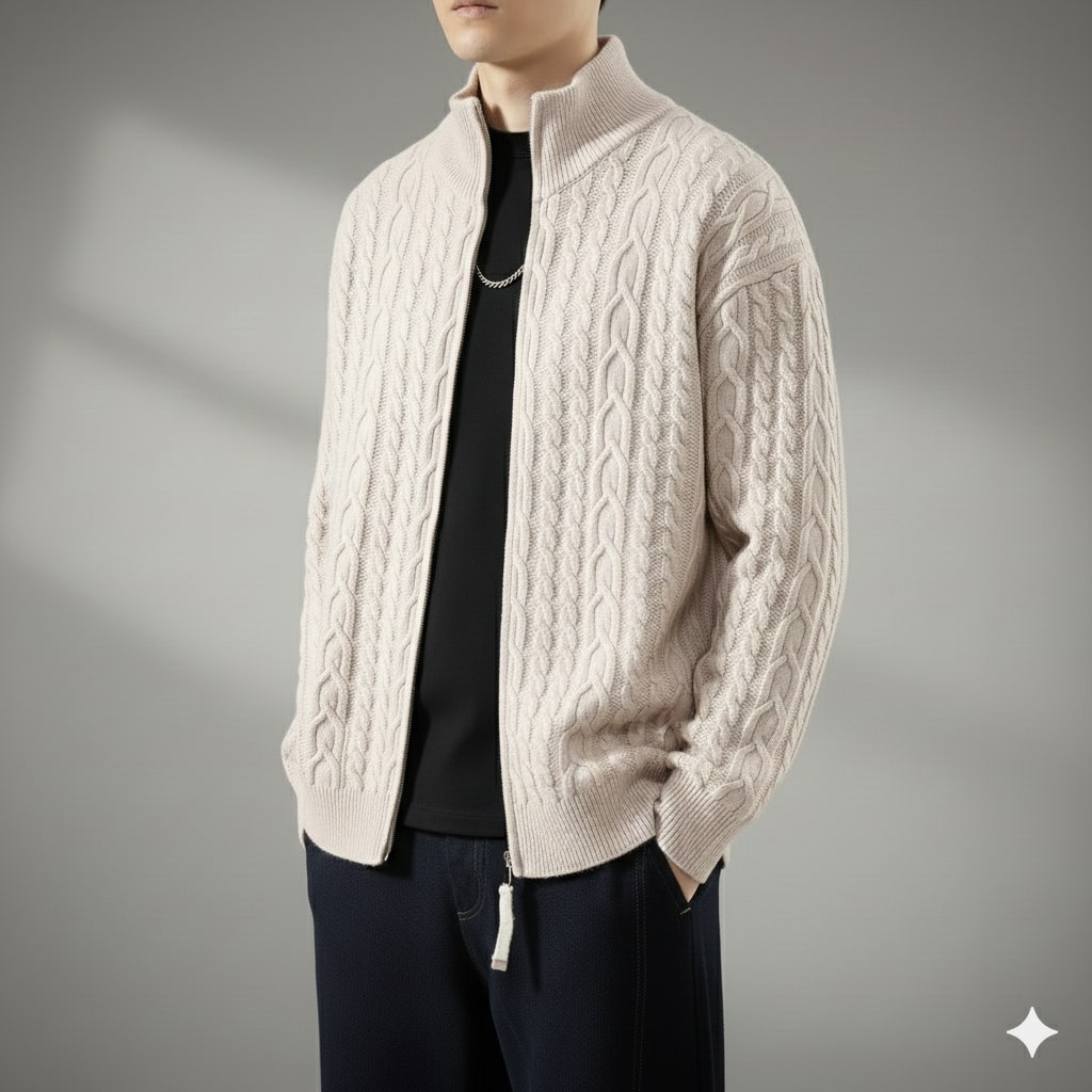 Domingo Men’s Zip-Up Cardigan – Cable Knit Mid-Weight Sweater