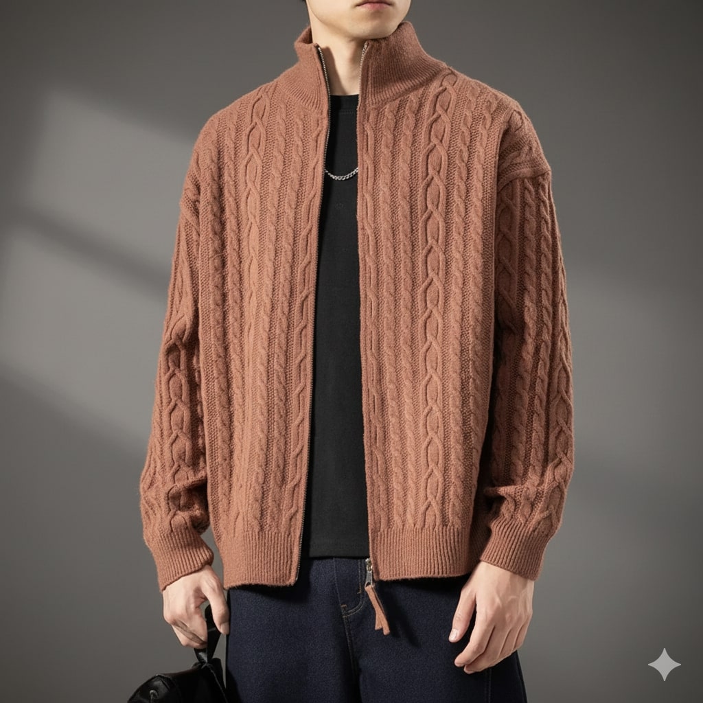 Domingo Men’s Zip-Up Cardigan – Cable Knit Mid-Weight Sweater