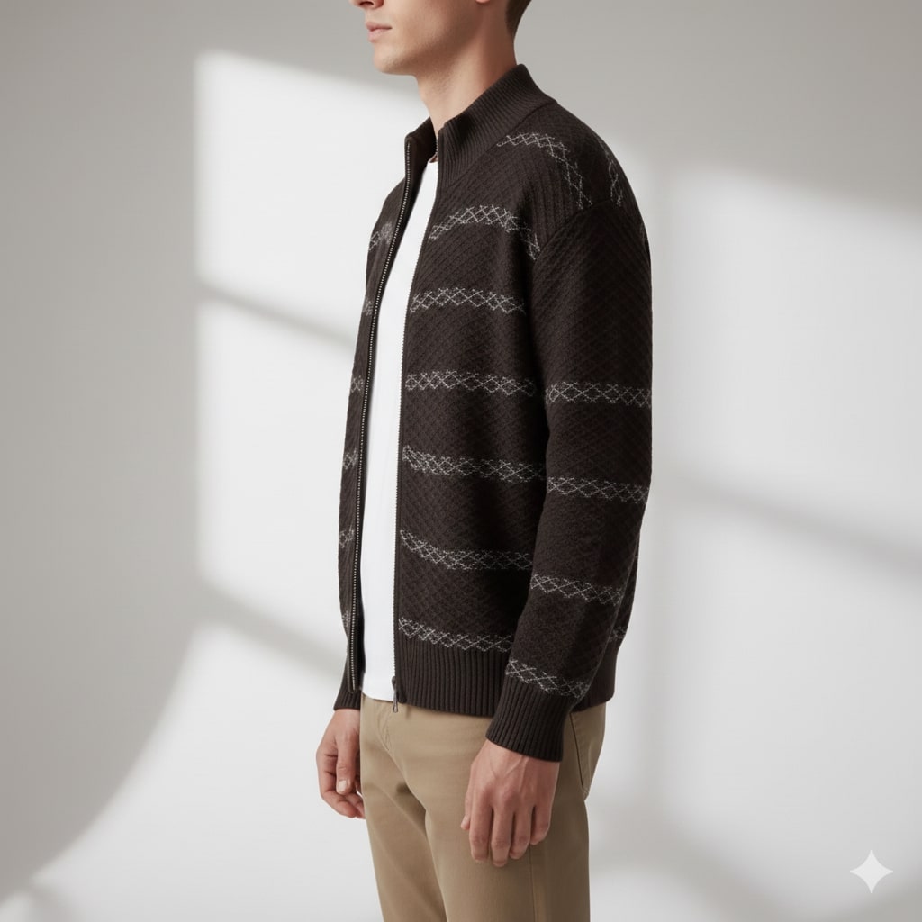 Craig Men’s Zip-Up Cardigan – Textured Knit Sweater with Stand Collar