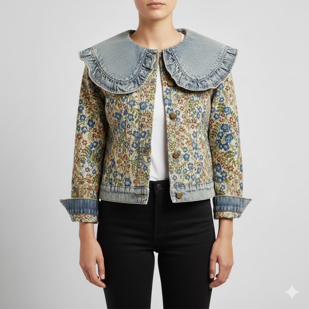 Maribel Women’s Jacquard Denim Jacket – Floral Textured Lightweight Cropped Jacket