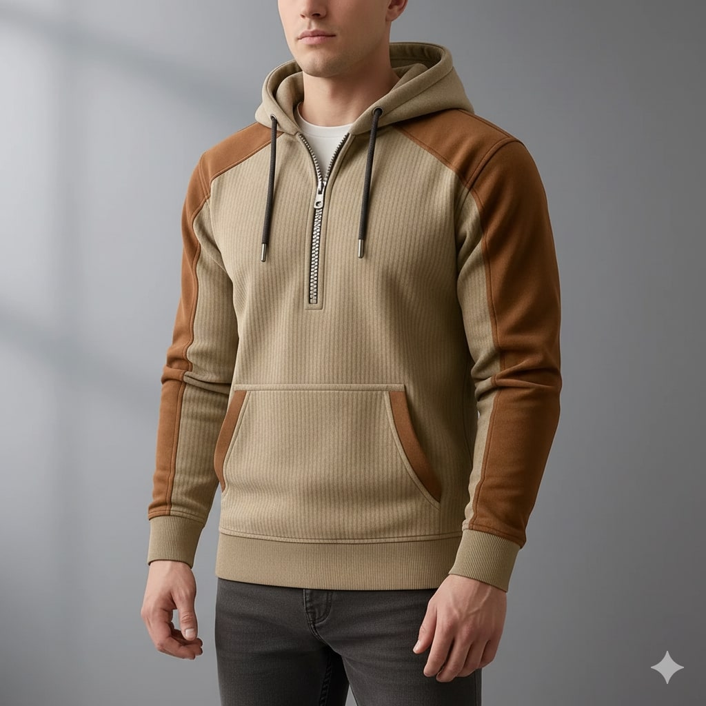 Colton Men’s Quarter-Zip Hoodie – Corduroy Cotton Blend Sweatshirt with Contrast Panels
