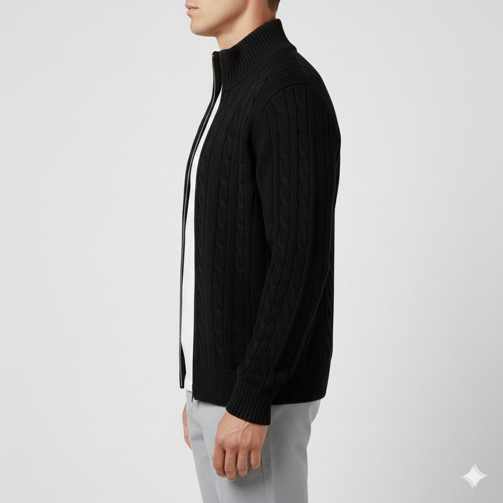 Domingo Men’s Zip-Up Cardigan – Cable Knit Mid-Weight Sweater