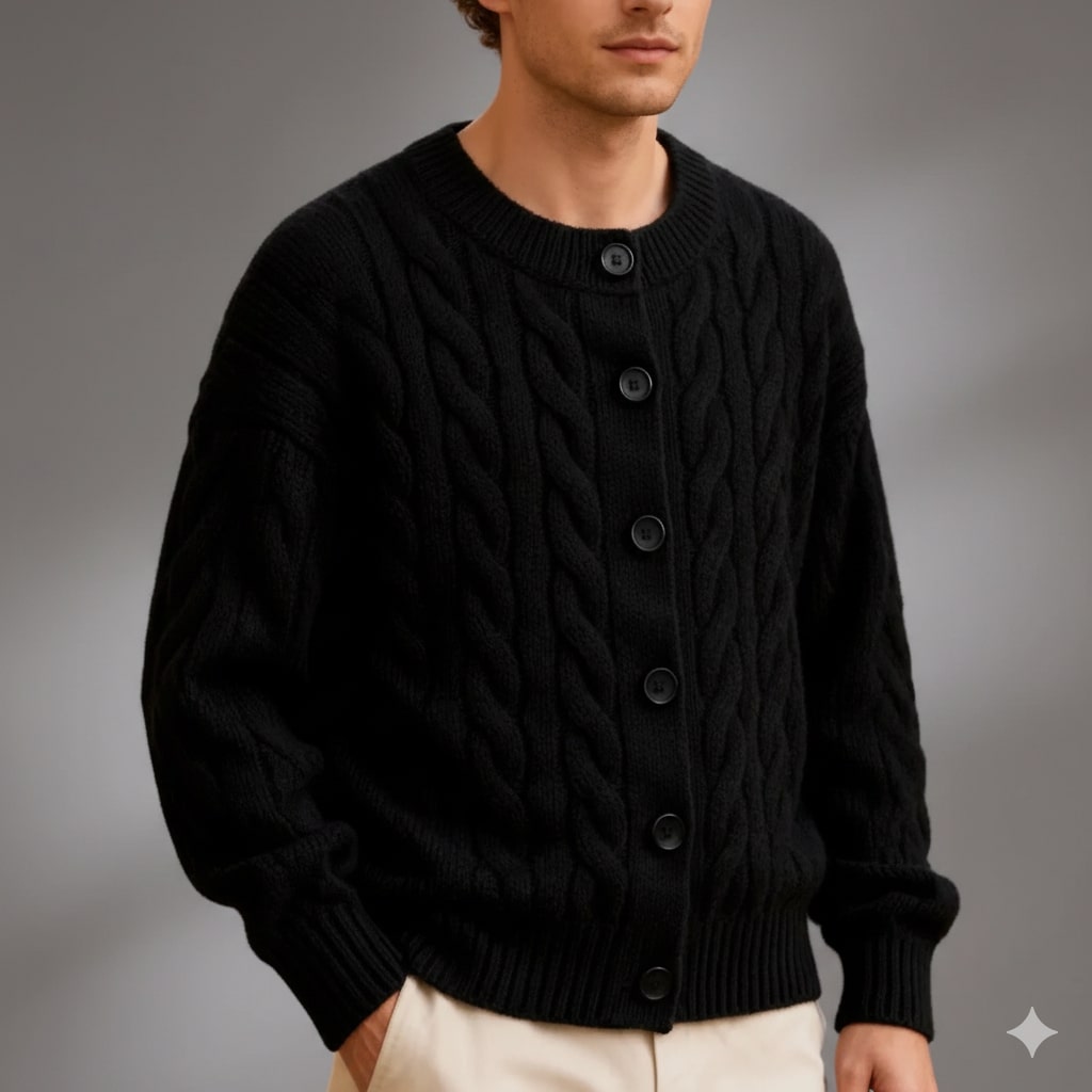 David Men’s Cardigan – Cable Knit Cardigan with Classic Button-Up Style